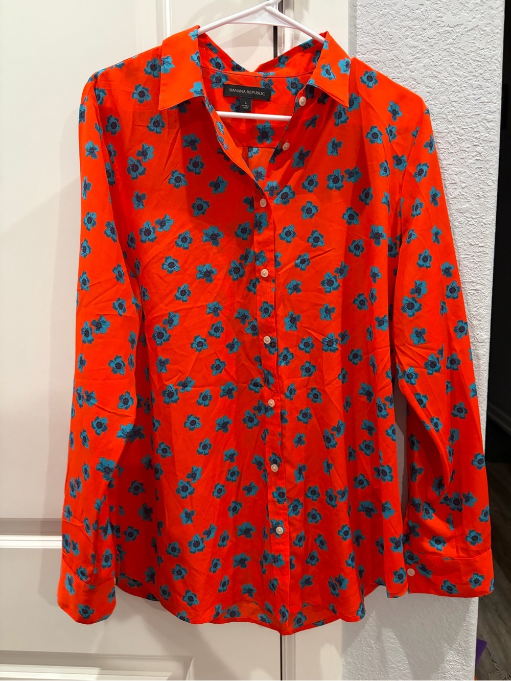 Banana Republic Red Button-Down Shirt with Teal Floral Print